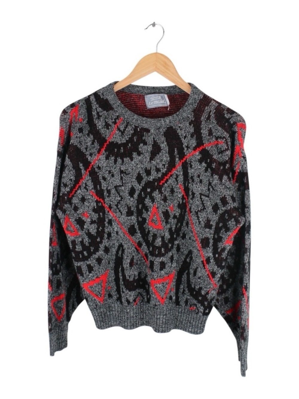 Vintage Le Tigre Sweater Abstract Paisley Pattern Knit Gray Red Mens Size Small